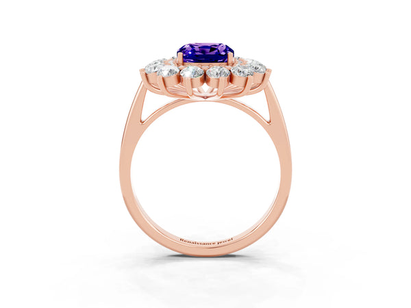 Rose gold Cushion Cut Tanzanite Floral Double Halo Engagement Ring with Prong Setting