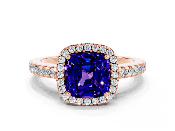 Rose gold Cushion Cut Tanzanite Halo Engagement Ring with Pavé Band and Prong Setting