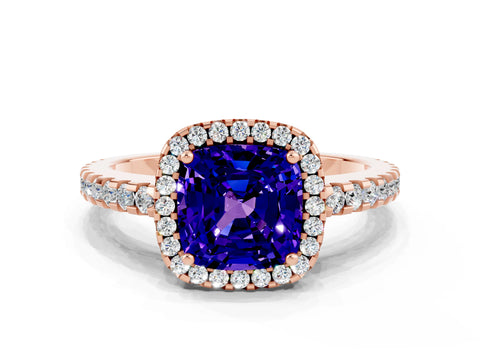 Rose gold Cushion Cut Tanzanite Halo Engagement Ring with Pavé Band and Prong Setting_24