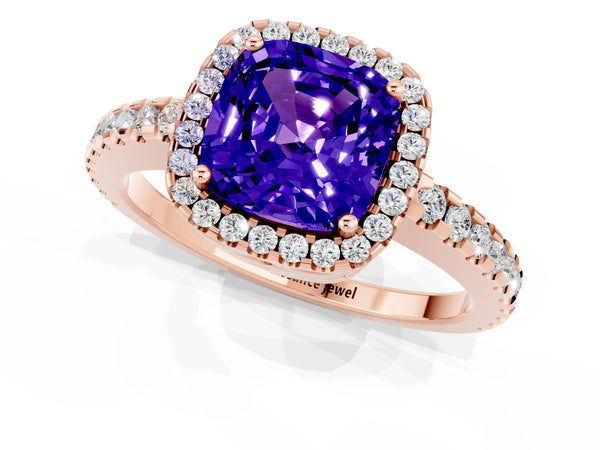 Rose gold Cushion Cut Tanzanite Halo Engagement Ring with Pavé Band and Prong Setting