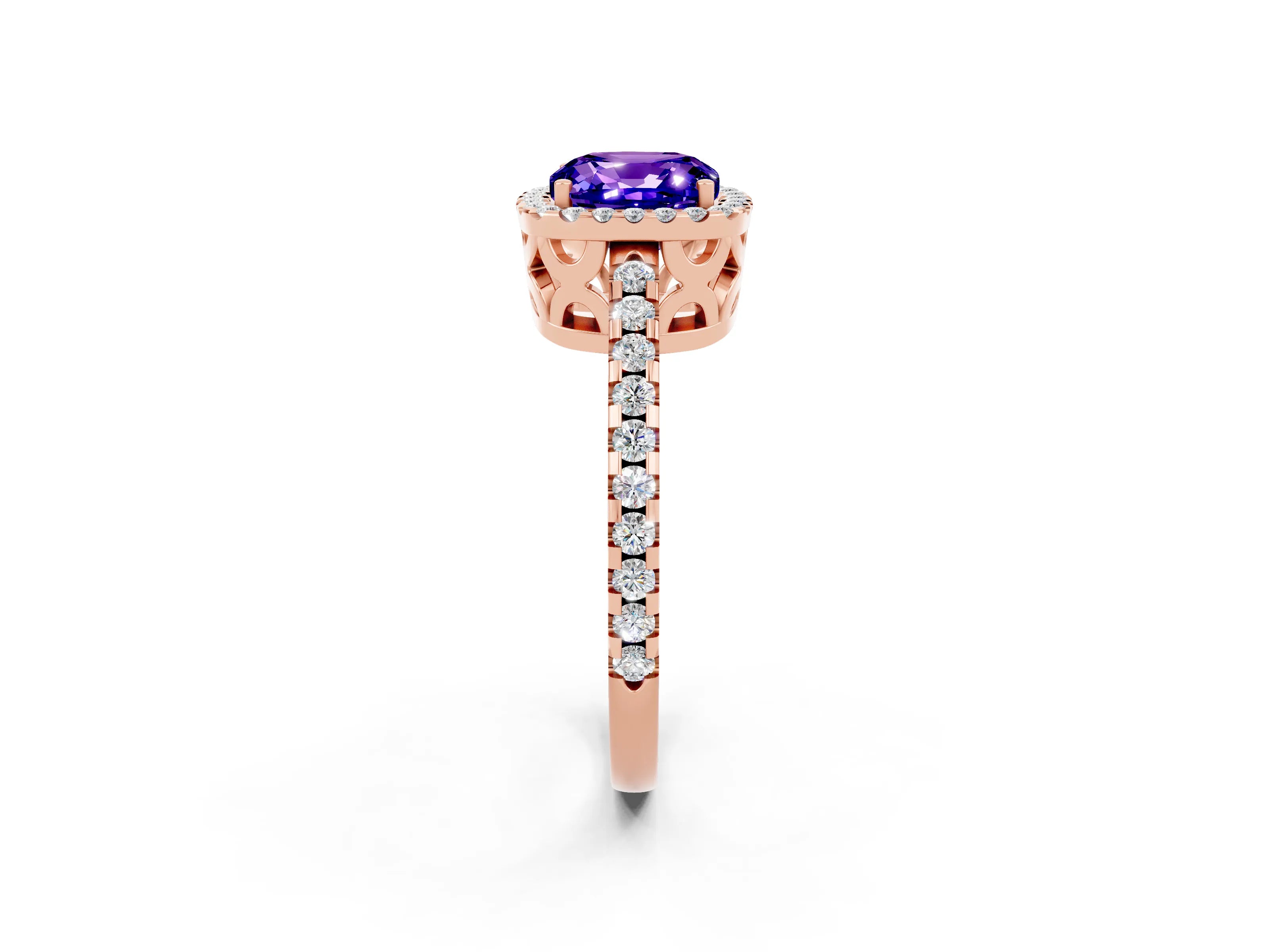 Rose gold Cushion Cut Tanzanite Halo Engagement Ring with Pavé Band and Prong Setting_26
