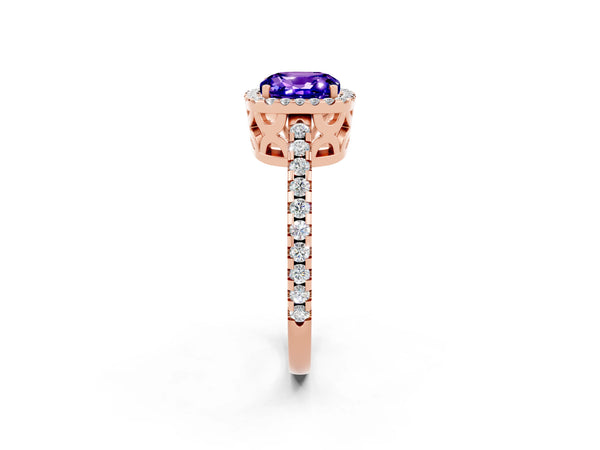 Rose gold Cushion Cut Tanzanite Halo Engagement Ring with Pavé Band and Prong Setting
