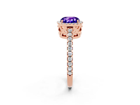 Rose gold Cushion Cut Tanzanite Halo Engagement Ring with Pavé Band and Prong Setting_26