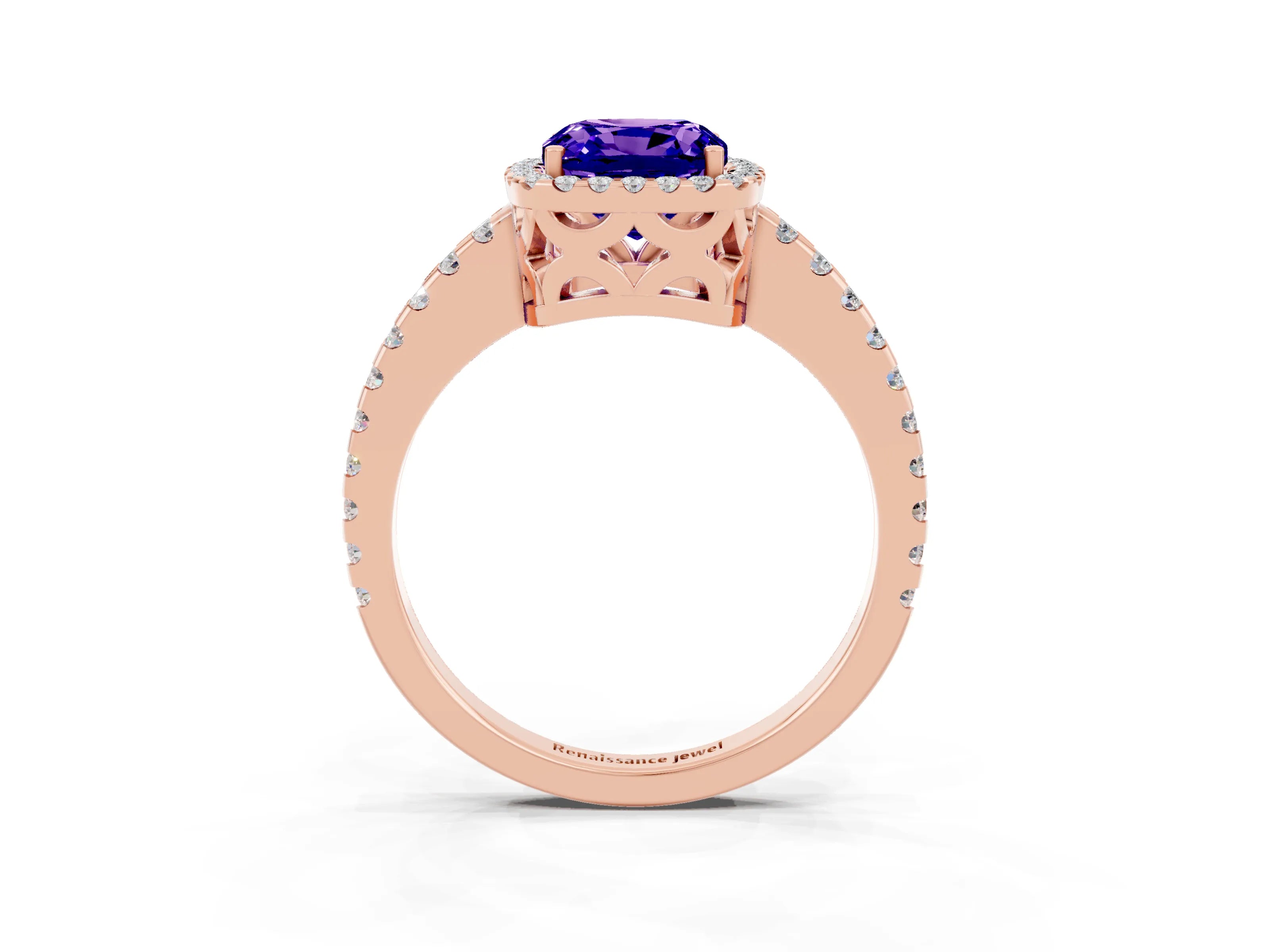 Rose gold Cushion Cut Tanzanite Halo Engagement Ring with Pavé Band and Prong Setting_27