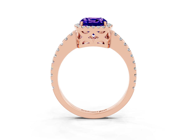 Rose gold Cushion Cut Tanzanite Halo Engagement Ring with Pavé Band and Prong Setting
