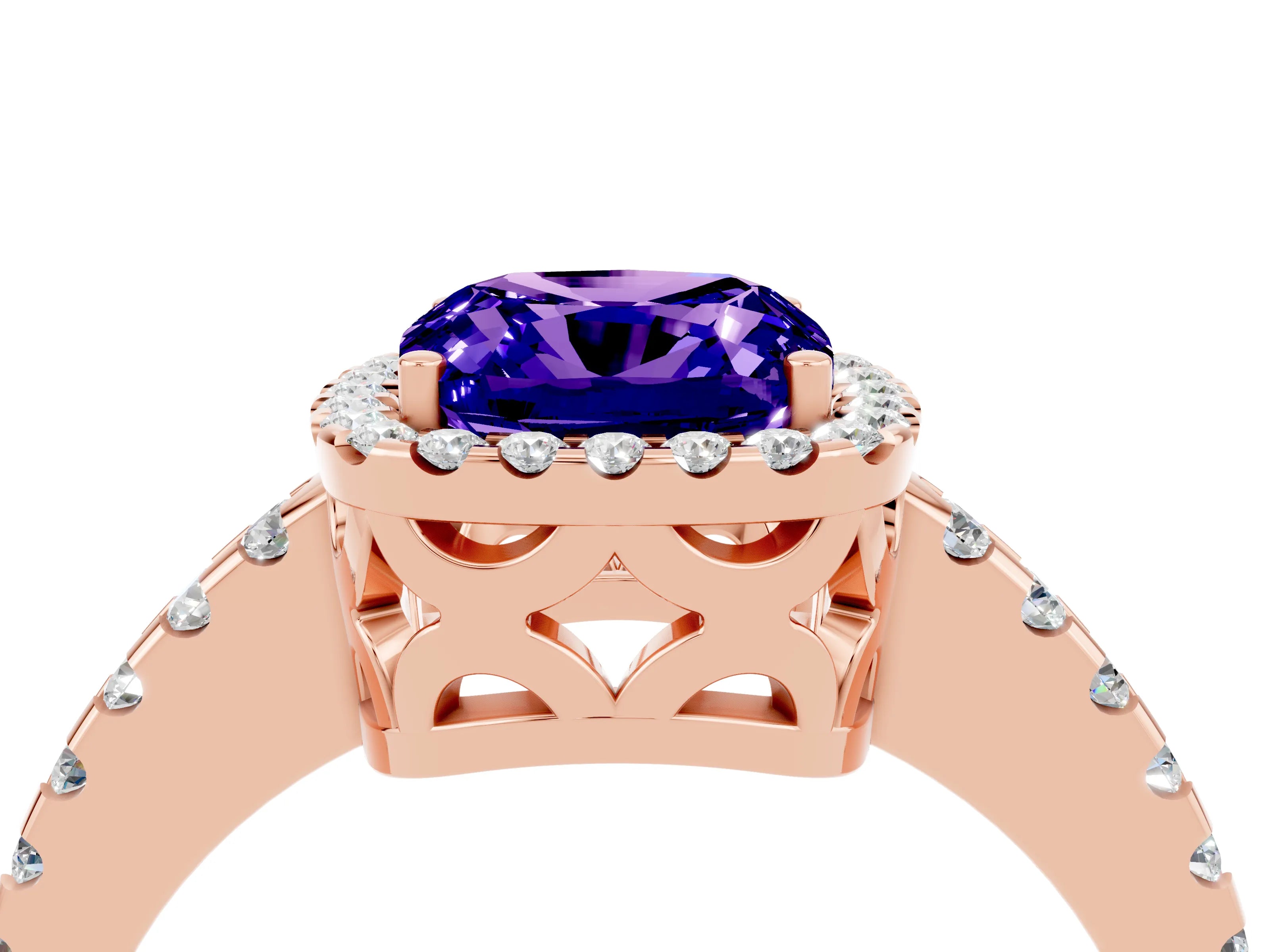 Rose gold Cushion Cut Tanzanite Halo Engagement Ring with Pavé Band and Prong Setting_28