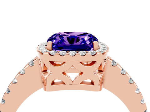 Rose gold Cushion Cut Tanzanite Halo Engagement Ring with Pavé Band and Prong Setting_28