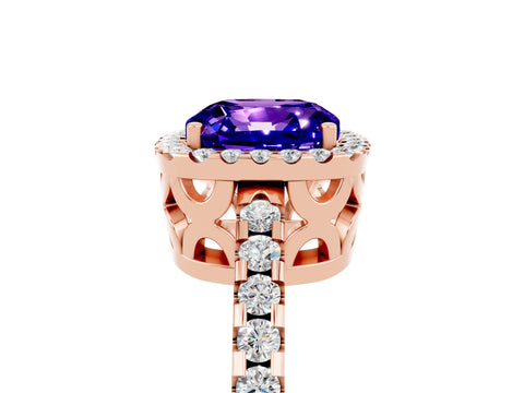 Rose gold Cushion Cut Tanzanite Halo Engagement Ring with Pavé Band and Prong Setting_29