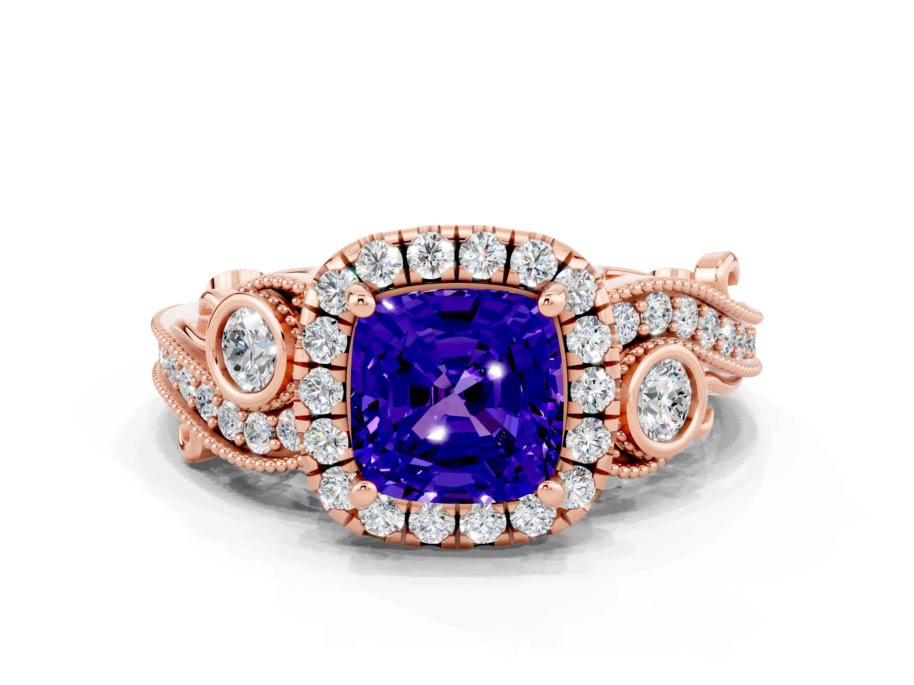 Rose gold Cushion Cut Tanzanite Halo Ring with Milgrain Pavé Band and Four-Prong Setting_12