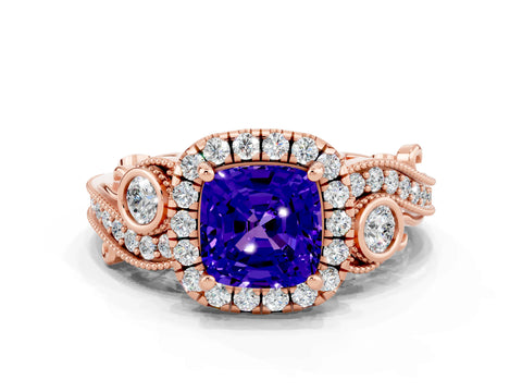 Rose gold Cushion Cut Tanzanite Halo Ring with Milgrain Pavé Band and Four-Prong Setting_12
