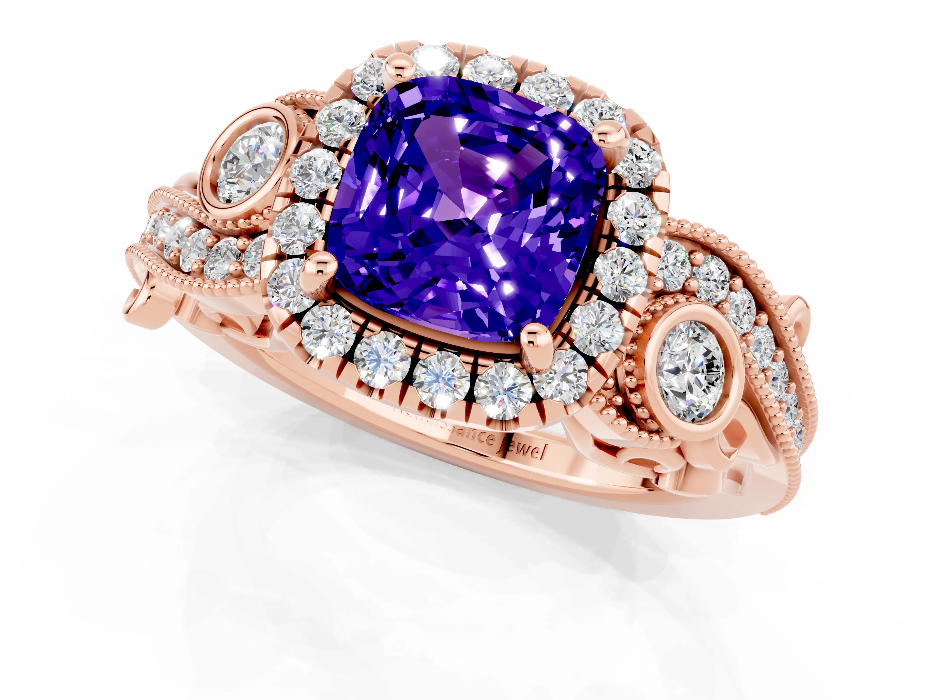 Rose gold Cushion Cut Tanzanite Halo Ring with Milgrain Pavé Band and Four-Prong Setting_13