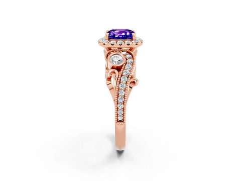 Rose gold Cushion Cut Tanzanite Halo Ring with Milgrain Pavé Band and Four-Prong Setting_14
