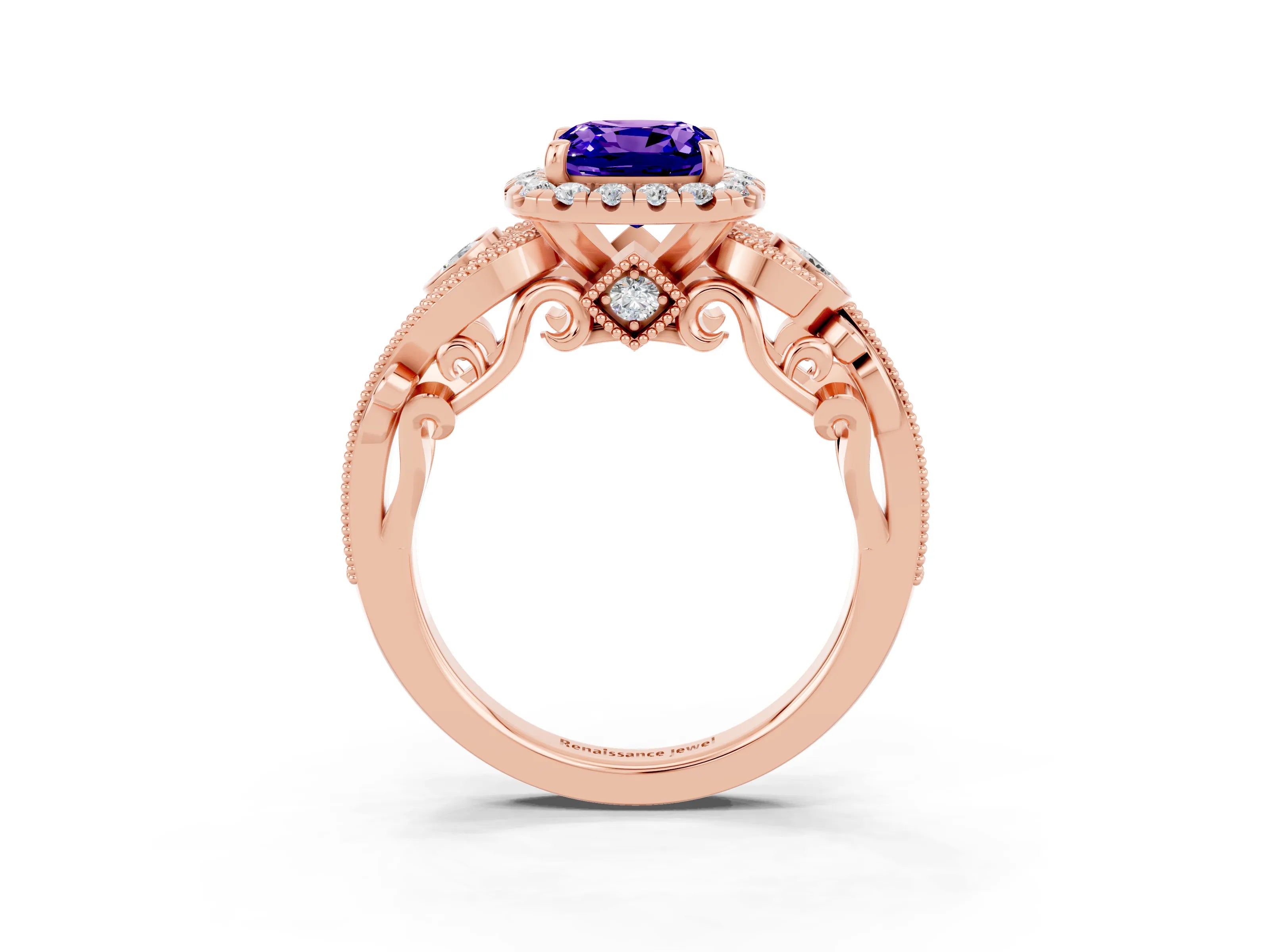 Rose gold Cushion Cut Tanzanite Halo Ring with Milgrain Pavé Band and Four-Prong Setting_15