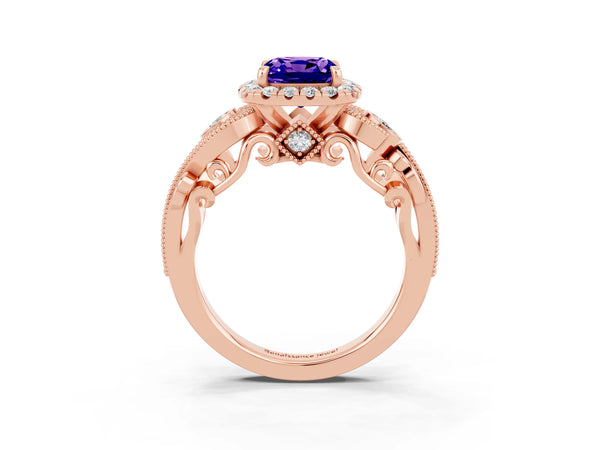 Rose gold Cushion Cut Tanzanite Halo Ring with Milgrain Pavé Band and Four-Prong Setting