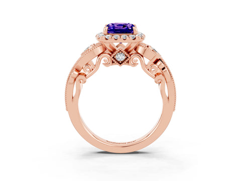 Rose gold Cushion Cut Tanzanite Halo Ring with Milgrain Pavé Band and Four-Prong Setting_15