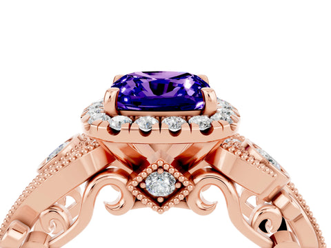 Rose gold Cushion Cut Tanzanite Halo Ring with Milgrain Pavé Band and Four-Prong Setting_16