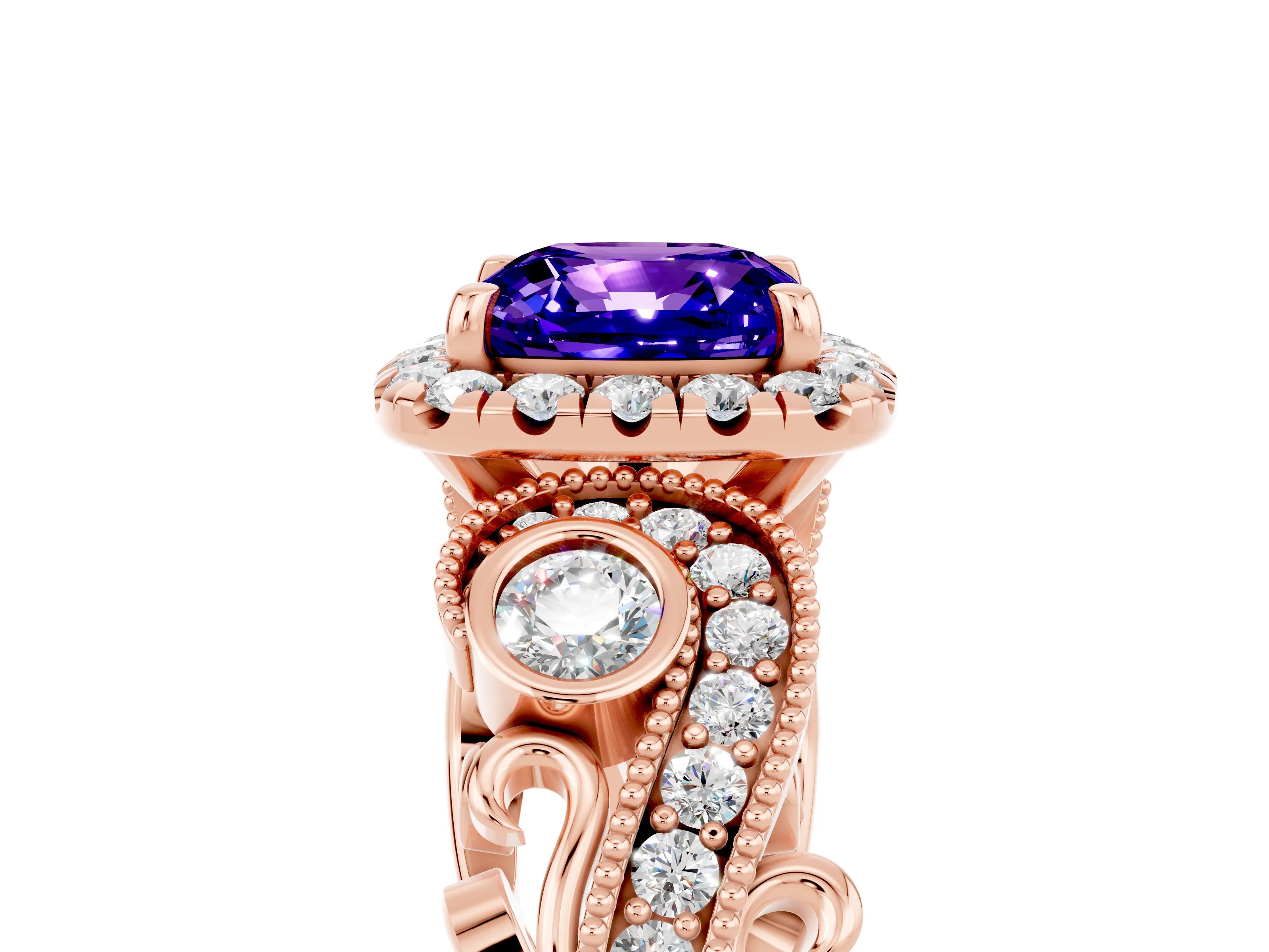 Rose gold Cushion Cut Tanzanite Halo Ring with Milgrain Pavé Band and Four-Prong Setting_17