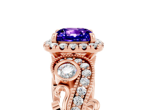 Rose gold Cushion Cut Tanzanite Halo Ring with Milgrain Pavé Band and Four-Prong Setting_17
