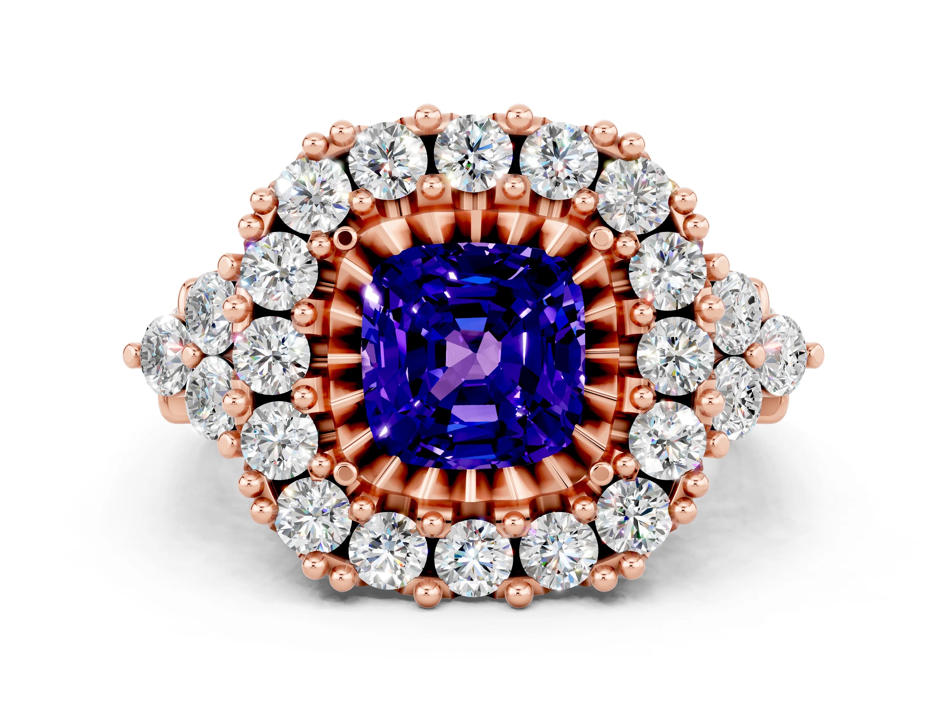 Rose gold Cushion Cut Tanzanite Halo Ring with Pavé Band and Four-Prong Setting_12
