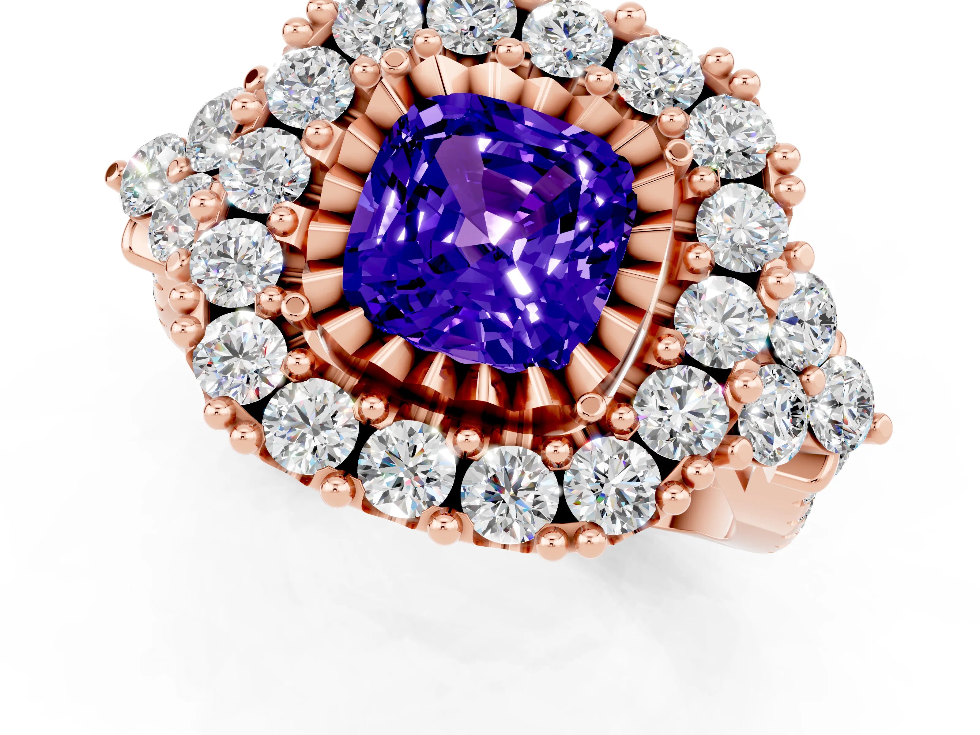 Rose gold Cushion Cut Tanzanite Halo Ring with Pavé Band and Four-Prong Setting_13