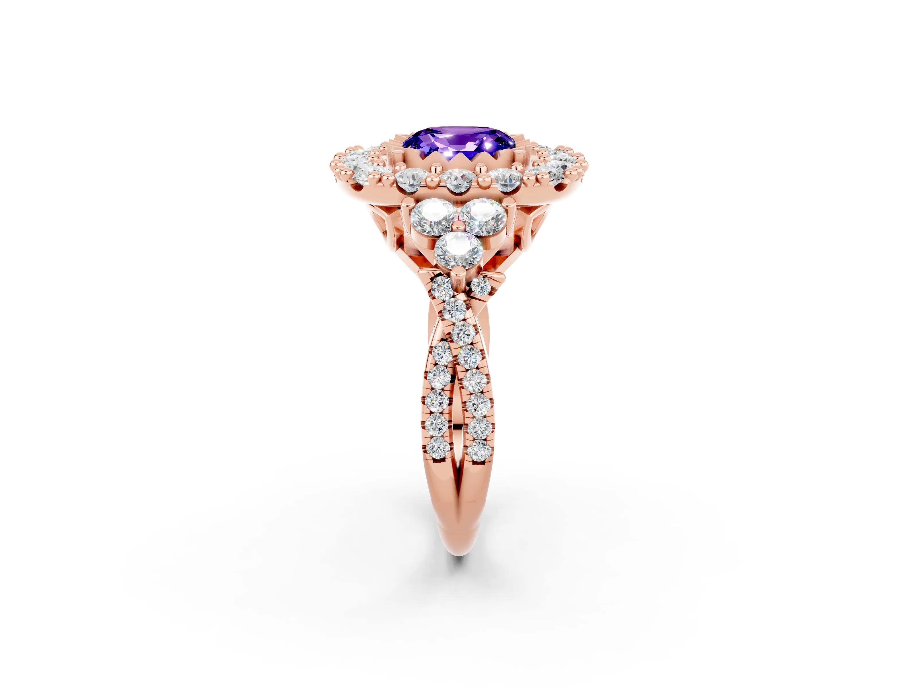 Rose gold Cushion Cut Tanzanite Halo Ring with Pavé Band and Four-Prong Setting_14