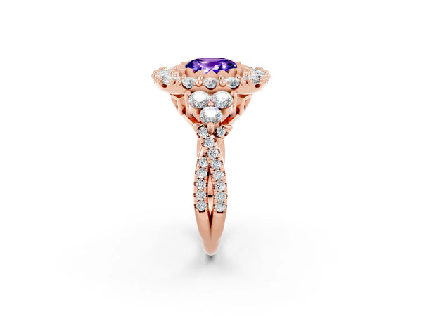 Rose gold Cushion Cut Tanzanite Halo Ring with Pavé Band and Four-Prong Setting