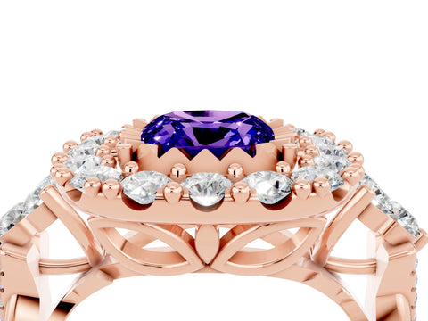 Rose gold Cushion Cut Tanzanite Halo Ring with Pavé Band and Four-Prong Setting_16