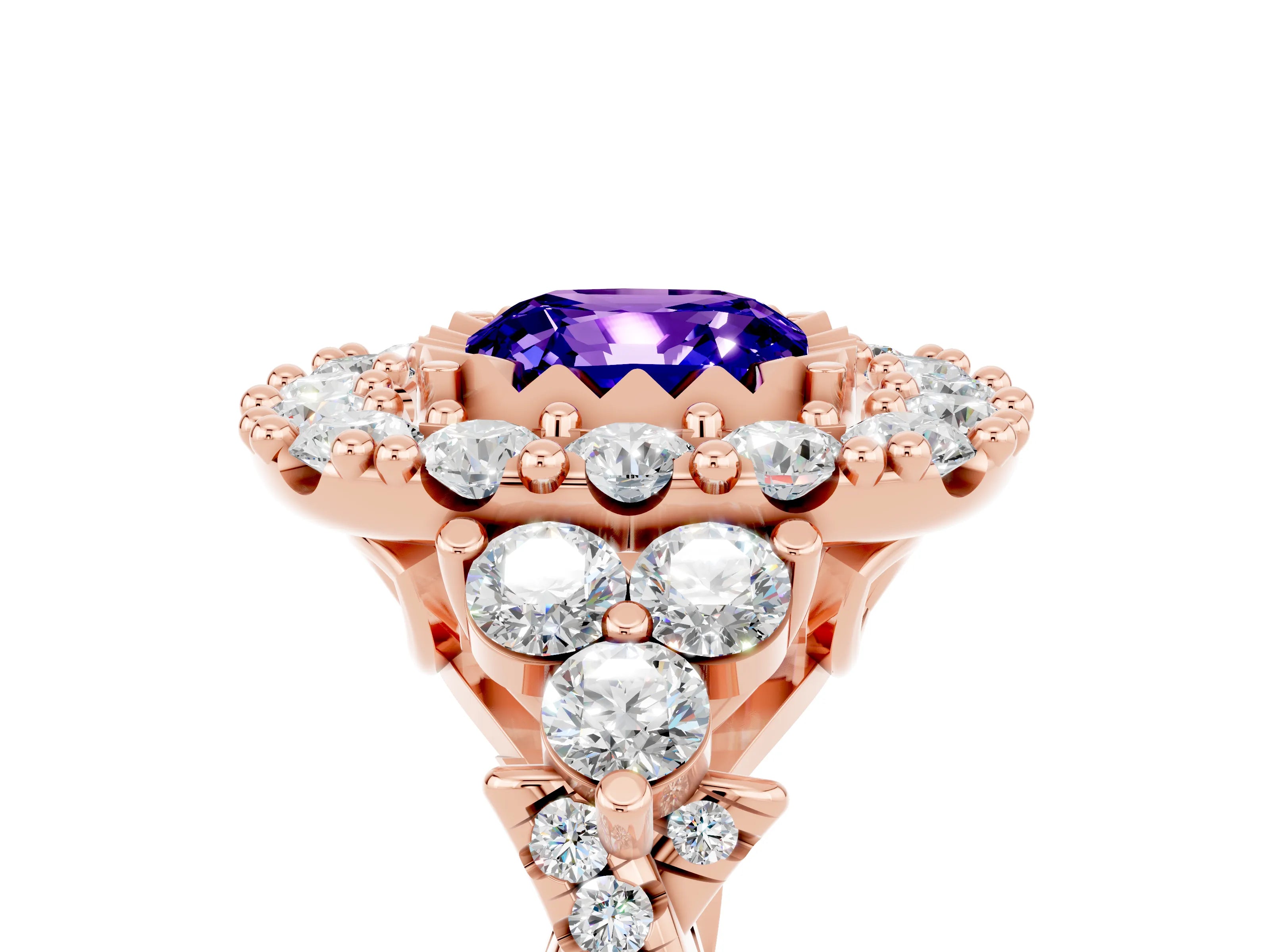Rose gold Cushion Cut Tanzanite Halo Ring with Pavé Band and Four-Prong Setting_17