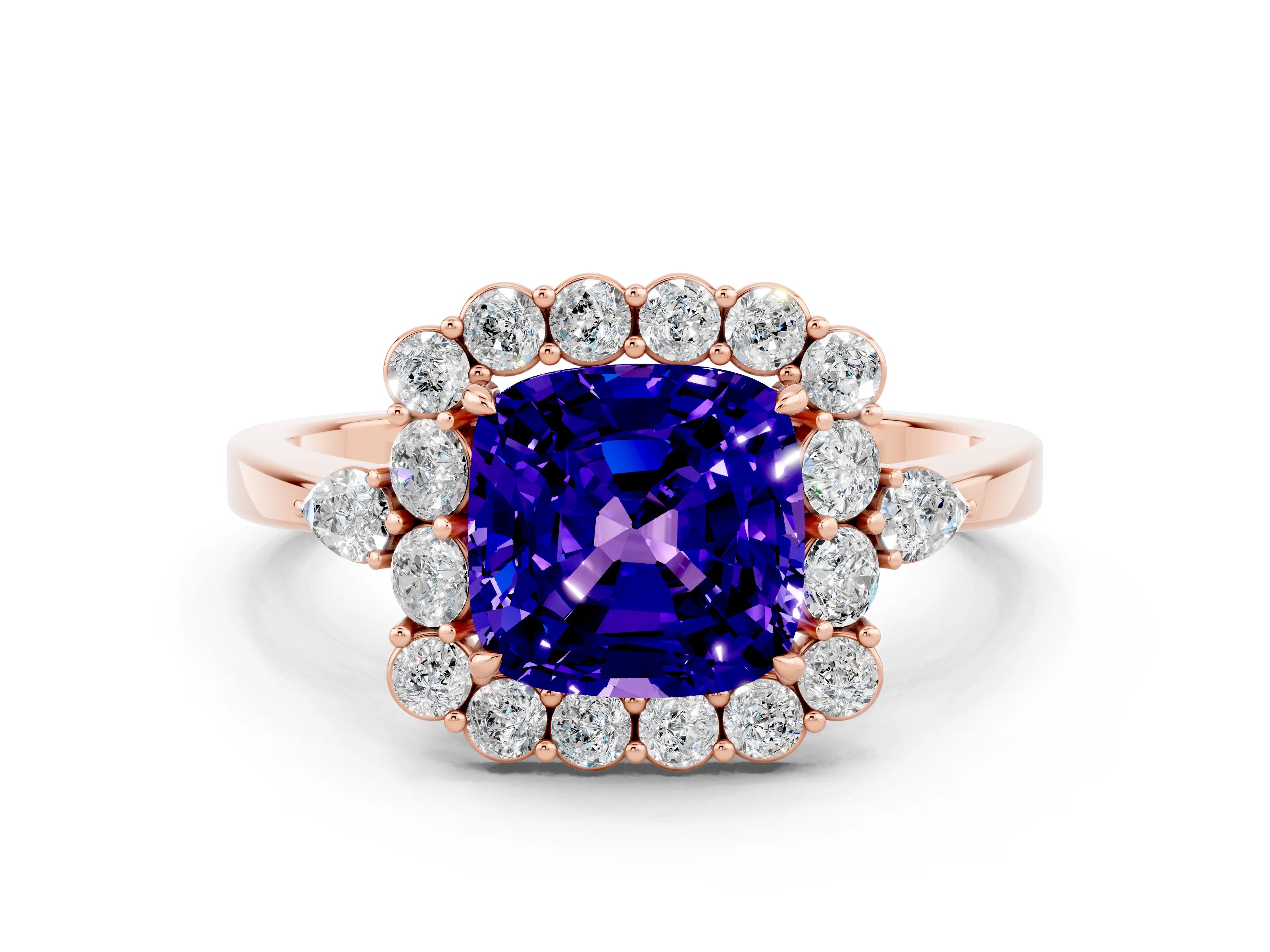 Rose gold Cushion Cut Tanzanite Halo Ring with Pear Side Stones and Prong Setting_12