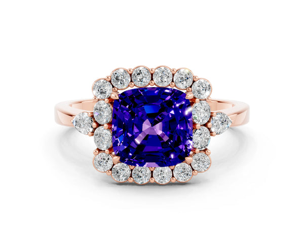 Rose gold Cushion Cut Tanzanite Halo Ring with Pear Side Stones and Prong Setting