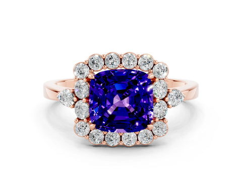 Rose gold Cushion Cut Tanzanite Halo Ring with Pear Side Stones and Prong Setting_12