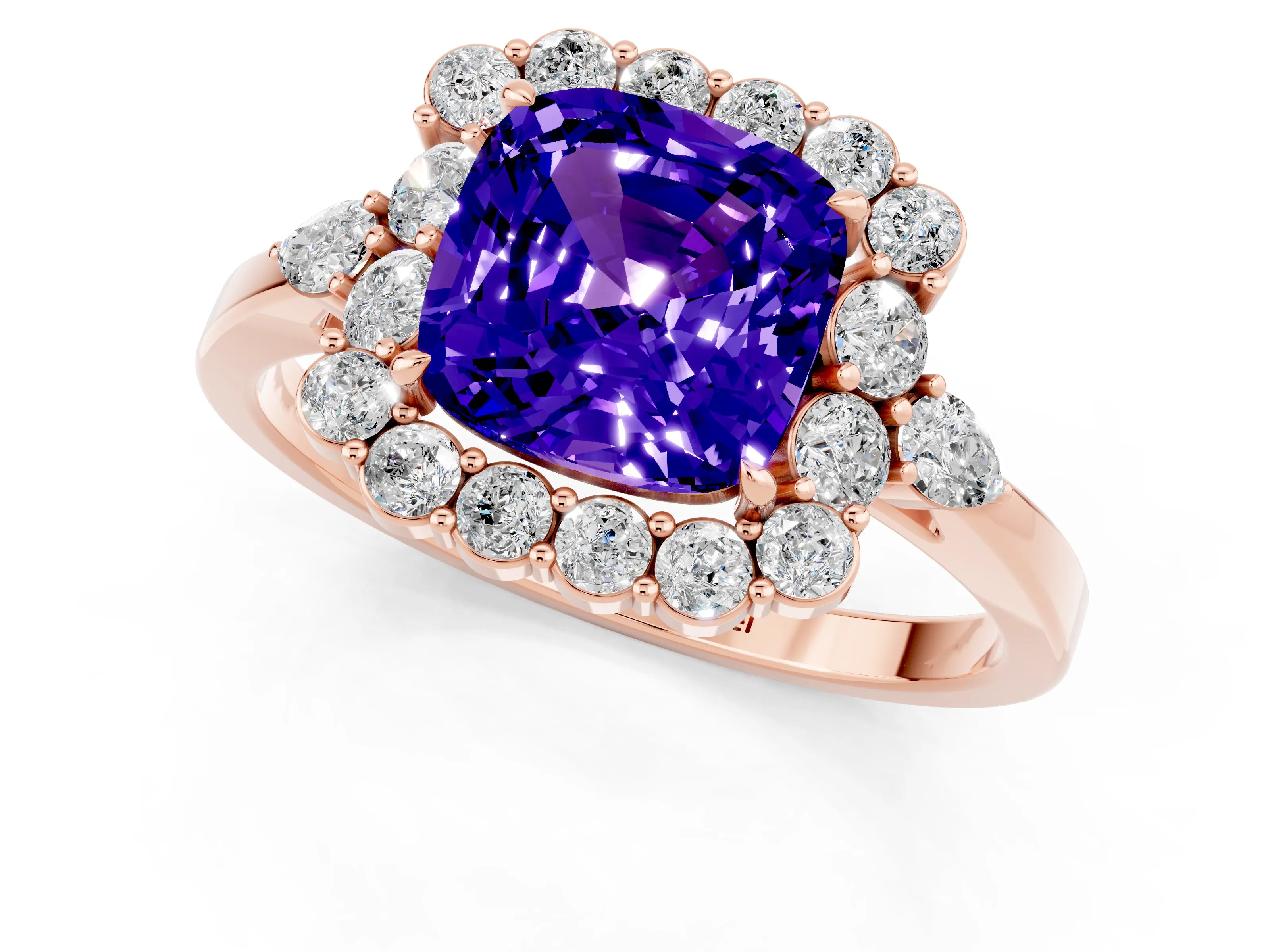 Rose gold Cushion Cut Tanzanite Halo Ring with Pear Side Stones and Prong Setting_13