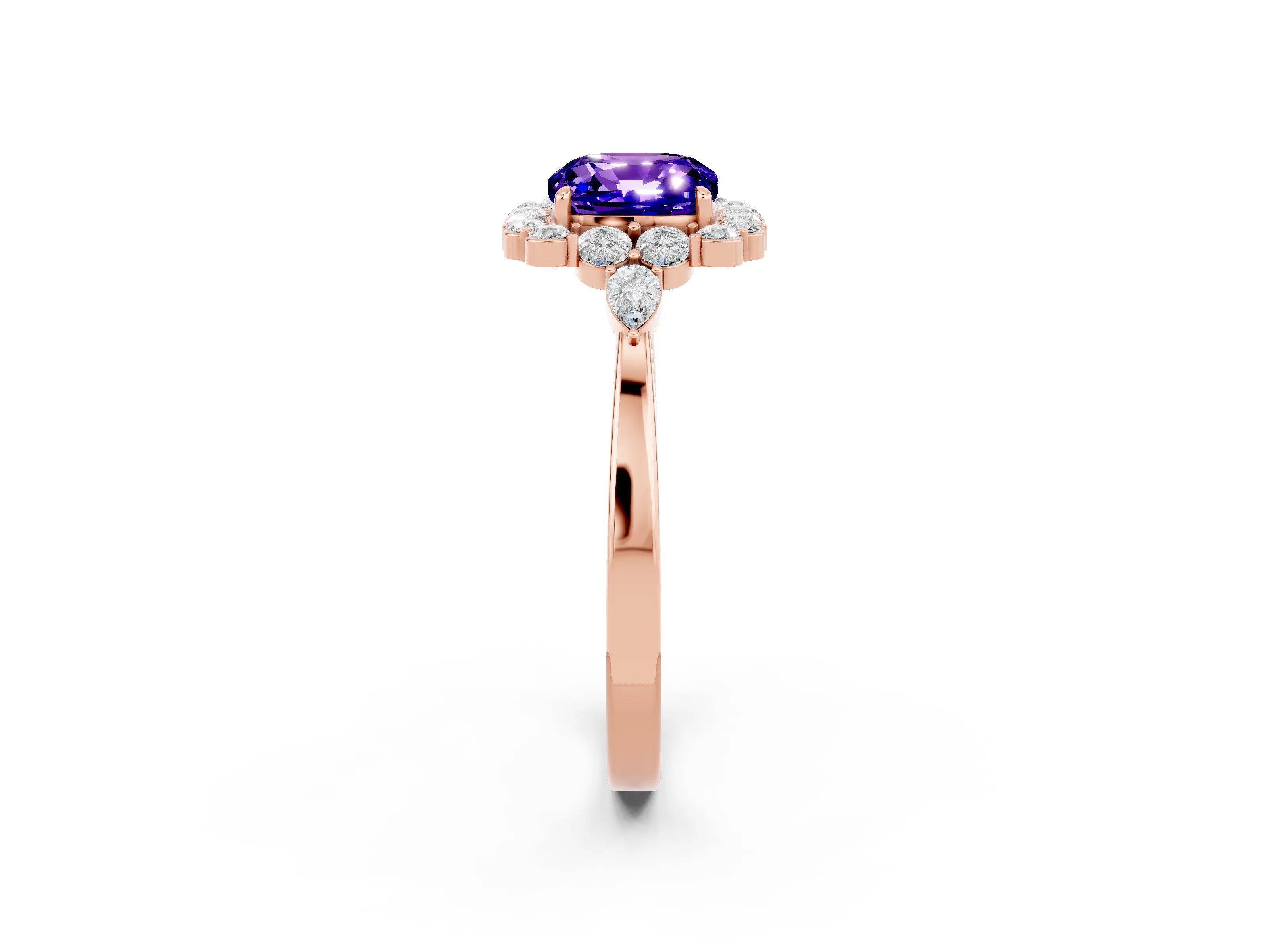 Rose gold Cushion Cut Tanzanite Halo Ring with Pear Side Stones and Prong Setting_14
