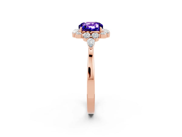 Rose gold Cushion Cut Tanzanite Halo Ring with Pear Side Stones and Prong Setting