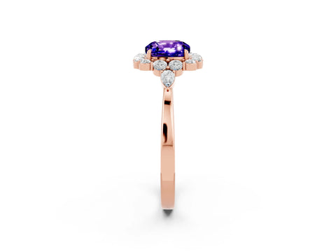 Rose gold Cushion Cut Tanzanite Halo Ring with Pear Side Stones and Prong Setting_14