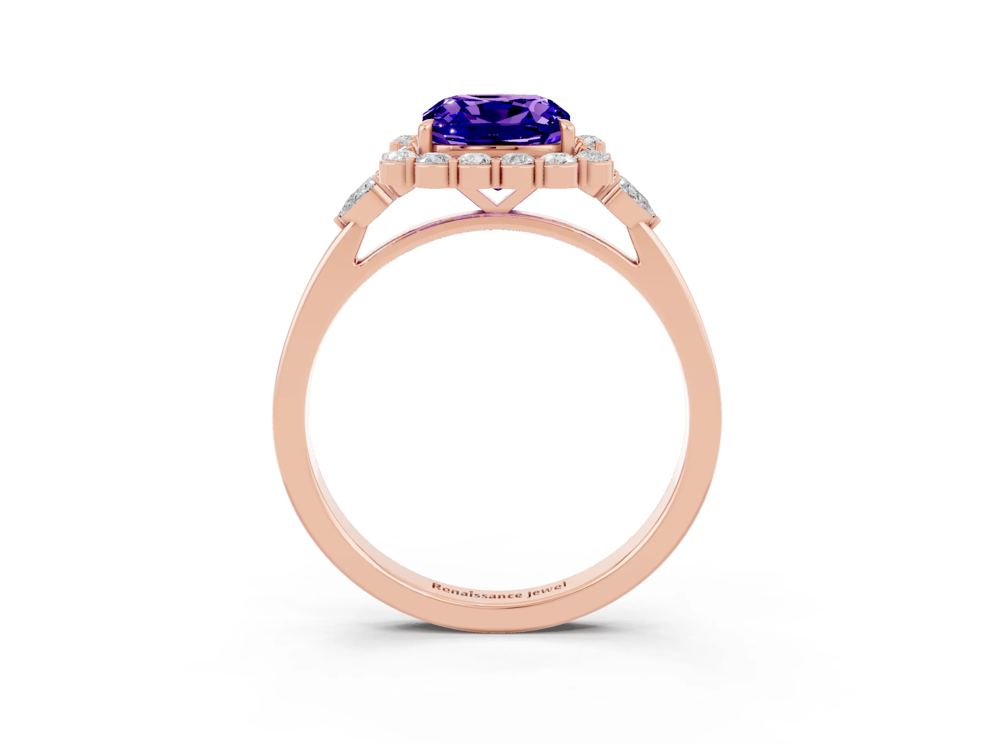 Rose gold Cushion Cut Tanzanite Halo Ring with Pear Side Stones and Prong Setting_15