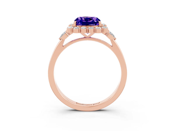 Rose gold Cushion Cut Tanzanite Halo Ring with Pear Side Stones and Prong Setting
