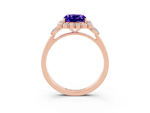 Rose gold Cushion Cut Tanzanite Halo Ring with Pear Side Stones and Prong Setting_15