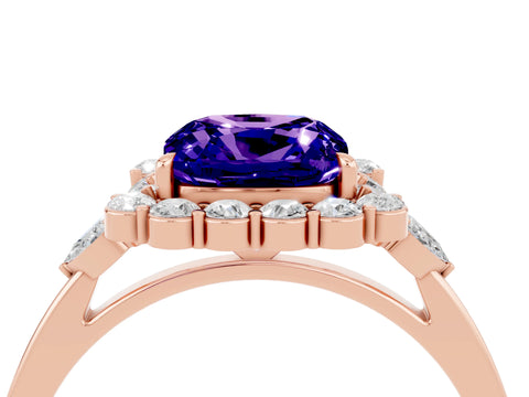 Rose gold Cushion Cut Tanzanite Halo Ring with Pear Side Stones and Prong Setting_16