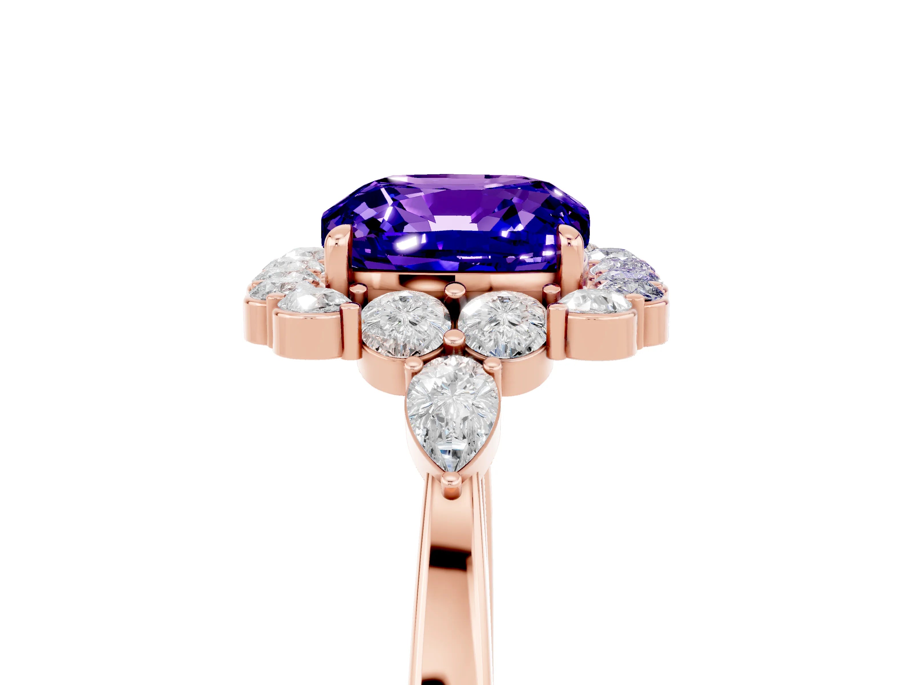 Rose gold Cushion Cut Tanzanite Halo Ring with Pear Side Stones and Prong Setting_17