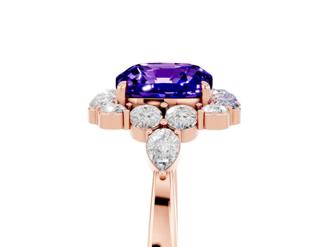 Rose gold Cushion Cut Tanzanite Halo Ring with Pear Side Stones and Prong Setting_17