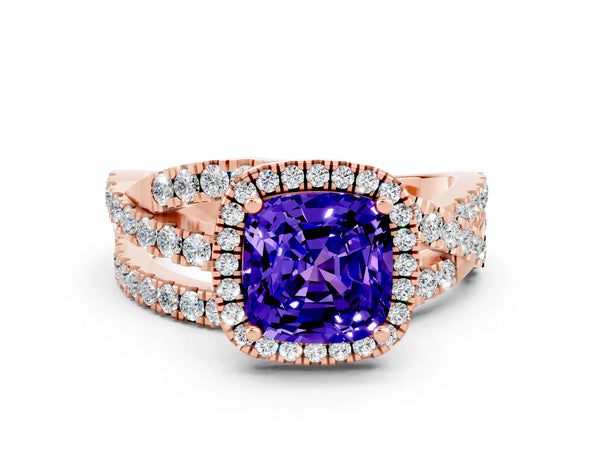 Rose gold Cushion Cut Tanzanite Halo Ring with Round Split Shank and Prong Setting