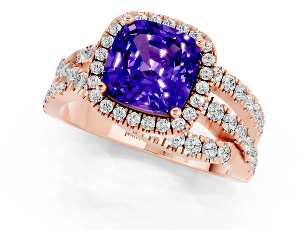 Rose gold Cushion Cut Tanzanite Halo Ring with Round Split Shank and Prong Setting
