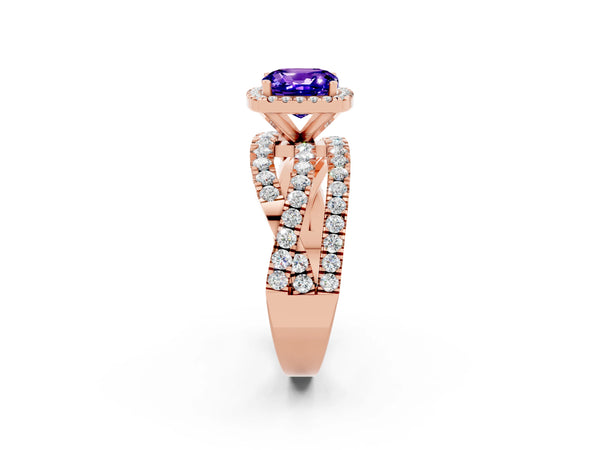 Rose gold Cushion Cut Tanzanite Halo Ring with Round Split Shank and Prong Setting
