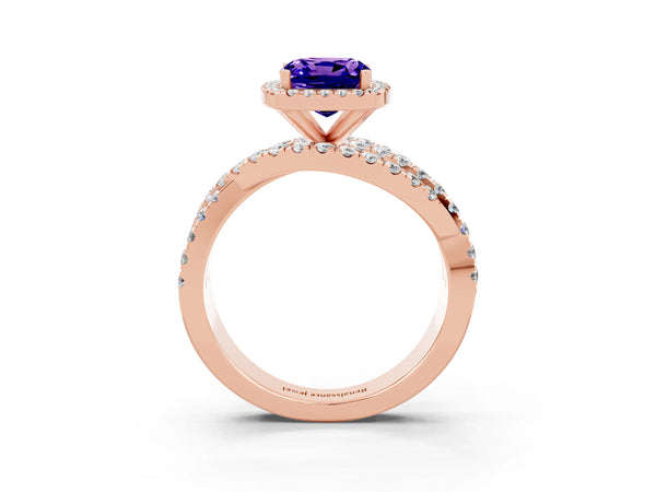 Rose gold Cushion Cut Tanzanite Halo Ring with Round Split Shank and Prong Setting