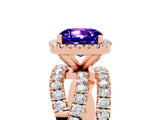 Rose gold Cushion Cut Tanzanite Halo Ring with Round Split Shank and Prong Setting_53