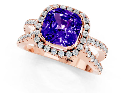 Rose gold Cushion Cut Tanzanite Halo Ring with Split Shank Pavé Band and Prong Setting_1