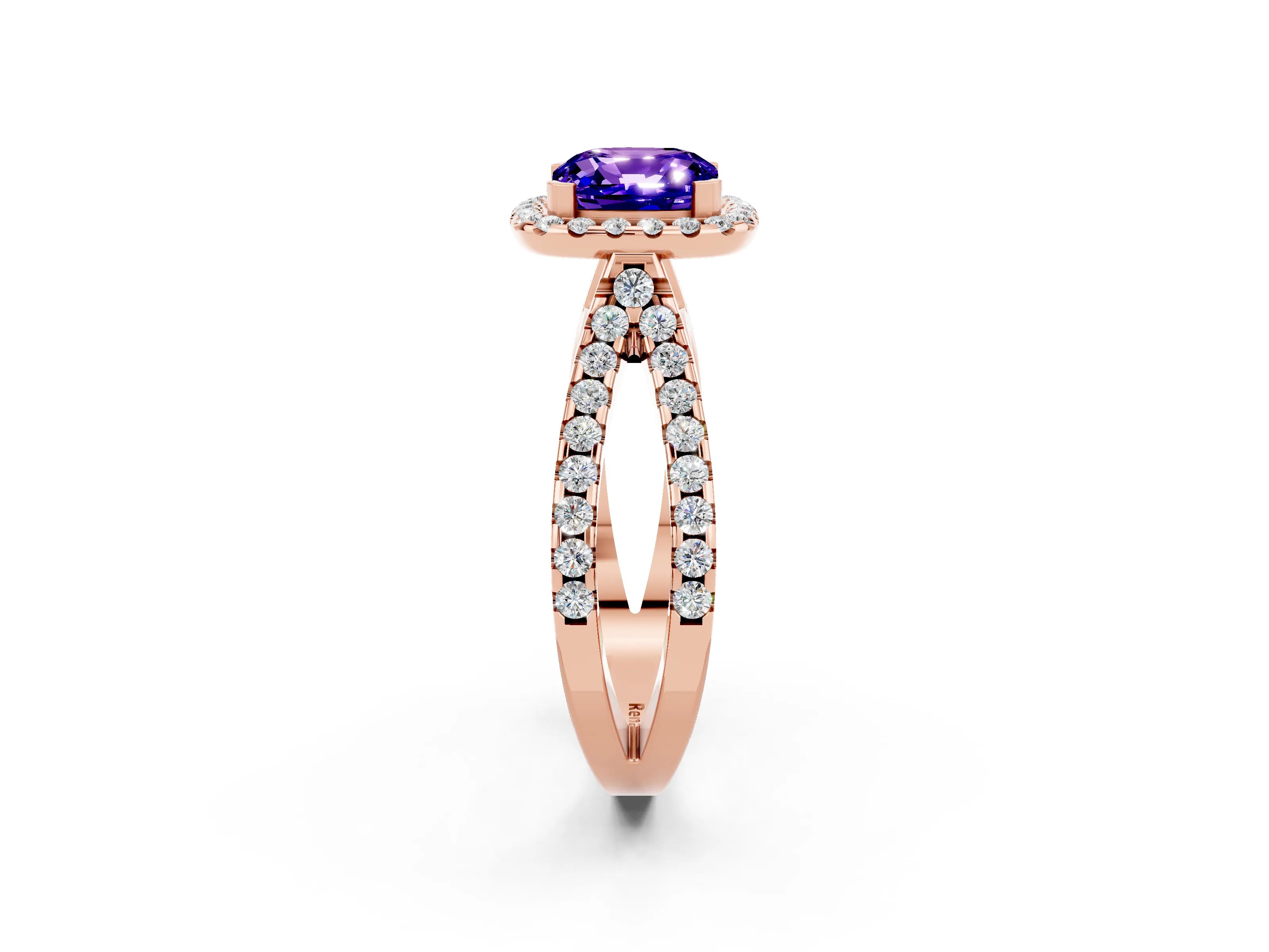 Rose gold Cushion Cut Tanzanite Halo Ring with Split Shank Pavé Band and Prong Setting_2