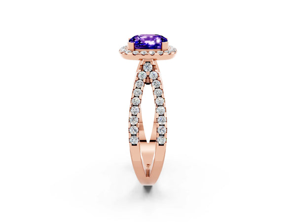 Rose gold Cushion Cut Tanzanite Halo Ring with Split Shank Pavé Band and Prong Setting