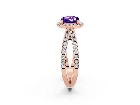 Rose gold Cushion Cut Tanzanite Halo Ring with Split Shank Pavé Band and Prong Setting_2